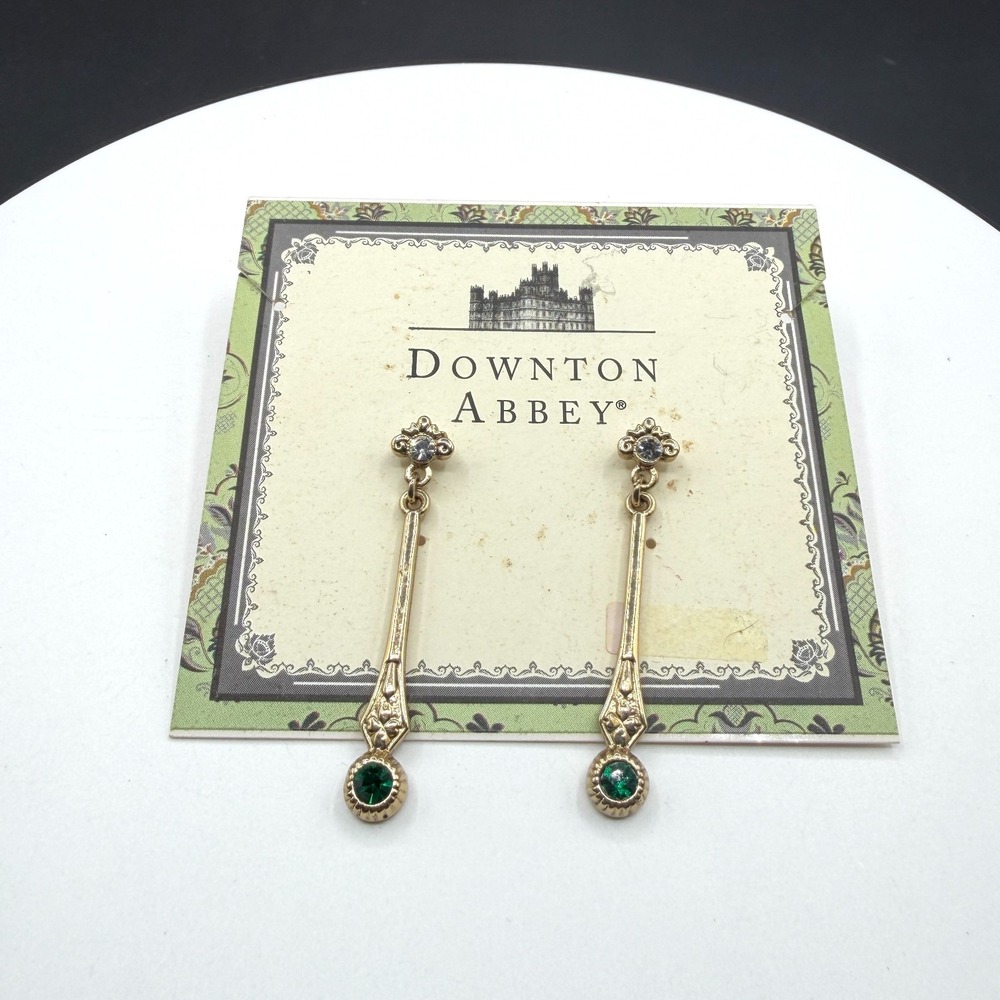 Downton Abbey Gold Tone Green Crystal Art Deco Drop Dangle Earrings Costume